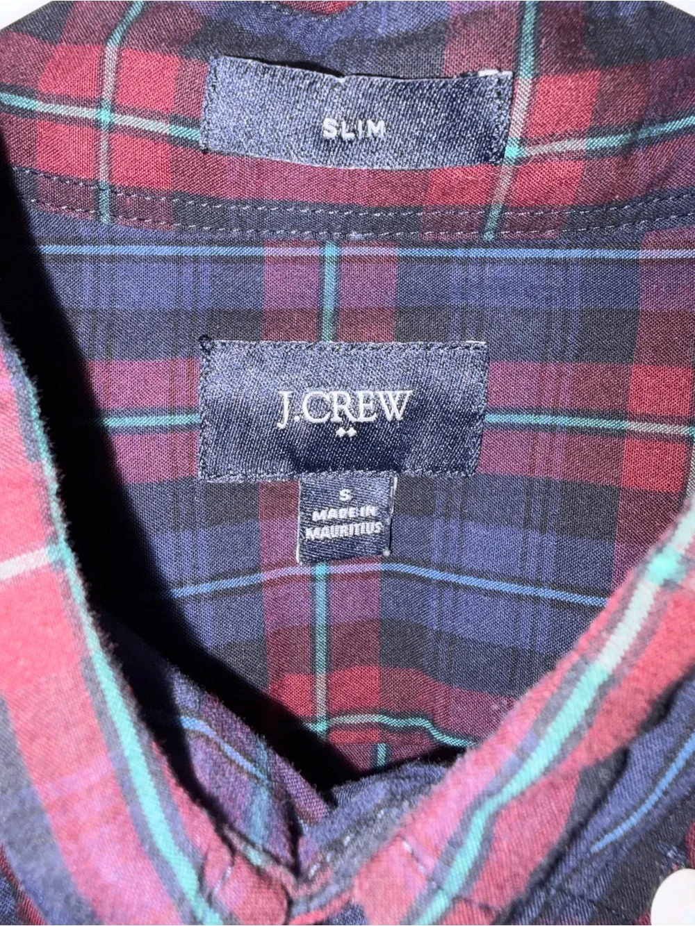 J. Crew Men's Red and Navy Plaid Button-Down Oxford Shirt